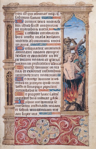 Fol.67r Página de texto com um detalhe na borda de um homem sendo torturado por dois demônios, de "Heures de l" Usage de Rome " de French School