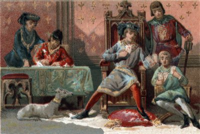 Para distracção, o Rei da França Carlos VI (1368-1422) costumava jogar às cartas. Cromolitografia por volta de 1890. de French School