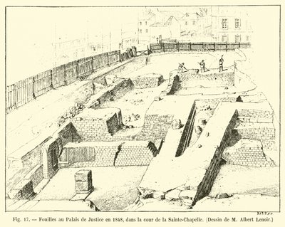 Escavações no Palácio da Justiça em 1848, no pátio da Sainte-Chapelle, desenhando por Albert Lenoir de French School