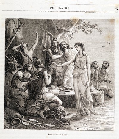 Fundação de Marselha: a cidade francesa foi fundada por marinheiros gregos em 600 a.C. Gravura em "Histoire de France populaire" de Henri Martin. Século XIX de French School