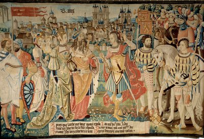 Fundação da cidade de Reims: Remus casou sua filha com o rei Francus, filho de Hector. Tapeçaria de "A fabulosa história dos Gauleses", feita pela oficina de Arras. de French School