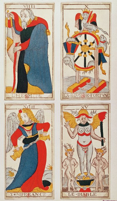 Quatro cartas de Tarot representando O Eremita, A Roda da Fortuna, Temperança e O Diabo (gravura em madeira colorida) de French School