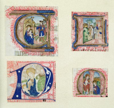 Quatro iniciais historiadas retratando a Adoração dos Magos, o Presépio, Davi e Bate-Seba e Cristo no Jardim de French School
