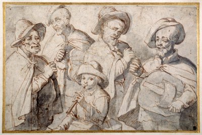 Quatro jogadores de hurdy-gurdy e um rapaz com um cano, School of Lorraine (caneta e tinta com lavagem em papel) de French School