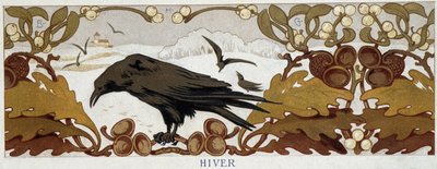 Quatro estações, inverno: corvo sobre carvalho - cromolitografia, final do século XIX de French School