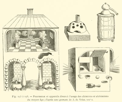 Fornos e diversos dispositivos para o uso de químicos e alquimistas da Idade Média (gravura) de French School