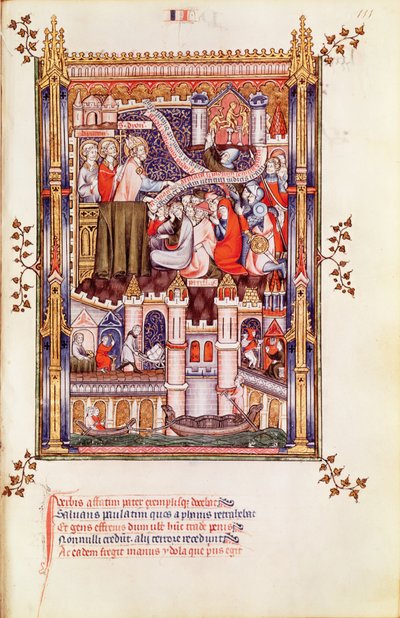 Fr 2091 fol.111 St. Denis pregando aos parisienses que quebram seus ídolos pagãos, de Vie de St. Denis, 1317 de French School