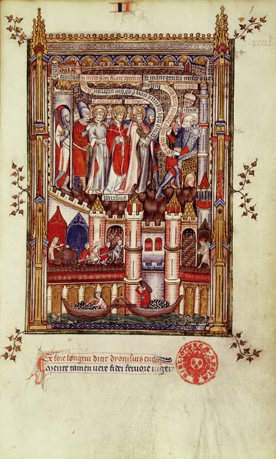Fr 2092 f.1 O primeiro interrogatório de St. Denis e seus companheiros por Sisinnius, de Vie de St. Denis, 1317 de French School