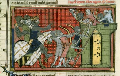 Fr 22495 f.36r Ataque a uma cidade, de Le Roman de Godefroi de Bouillon de French School