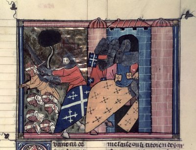 Fr 22495 fol.115r Cruzados Montados que lutam contra os sarracenos em c.1185, de Le Roman de Godefroi de Bouillon de French School