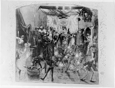 Fr 2646 f.176 Bal des Ardents, Carlos VI (1380-1422) sendo salvo pela duquesa de Berry depois de Luís de Orleans incendiar os figurinos de bailarinos, de Froissarts Chronicle, 1392 (ver também 52 de French School