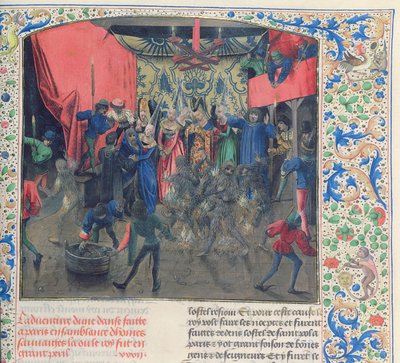 Fr. 2646, f.176 Bal des Ardents, Charles sendo salvo pela duquesa de Berry depois que Luís de Orleans atearam fogo às fantasias de dançarinos de 1392, de Froissarts Chronicle. de French School