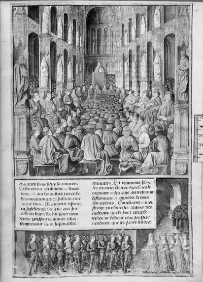 Fr. 5594 fol.19 Como o Papa Urbano II (1042-99) pregou a reconquista da Igreja do Santo Sepulcro no Concílio de Clermont-Ferrand, ilustração de Les Passages dOutre-Mer de Sebastien Mamerot de So de French School