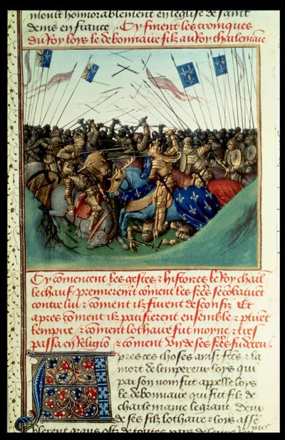 Fr. 6465 f.140 Lothair I (795-855) Imperador do Ocidente em combate com seus irmãos Luís, o Alemão (c.804-76) e Carlos, o Calvo (823-77), em Fontenoy en Puisaye, em 841 de French School