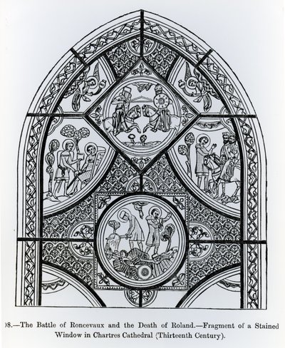 Fragmento de um vitral na Catedral de Chartres, representando a batalha de Ronceveaux e a morte de Roland, ilustração da ciência e literatura na idade média e Renascença, writt de French School
