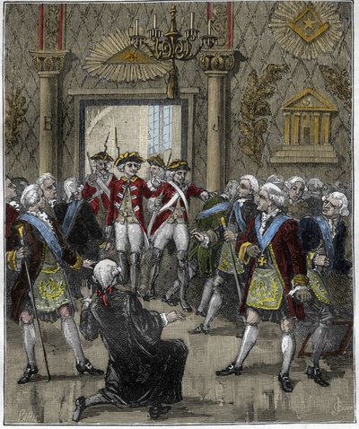 Franc-Maconnerie (Franc Maconnerie) no Hotel de Soisson, em Paris, em junho de 1745: cerimônia franco-macon, interrompida pela chegada de um comissário de polícia. Gravação em "Paris a travers les siecles", Gourdon de Kenouillac 1880. . de French School