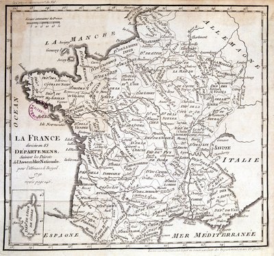 A França dividida em 83 departamentos, na sequência dos decretos da Assembleia Nacional de 1791 de French School