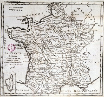 A França dividida em 84 departamentos, na sequência dos decretos da Assembleia Nacional de 1793 de French School