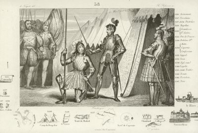 Francis I da França, pedindo para ser condecorado pelo Chevalier Bayard após a vitória na Batalha de Marignano, Itália, 1515 de French School