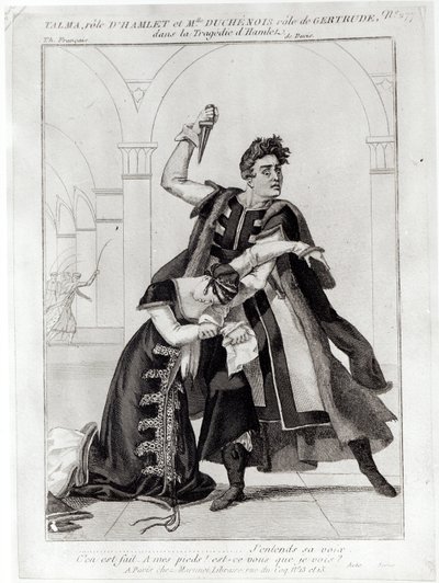 Francois-Joseph Talma (1763-1826) como Hamlet e Mademoiselle Duchenois como Gertrude, no "Hamlet" de Shakespeare adaptado por Jean-François Ducis, depois de 1769 de French School