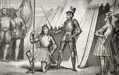 François I (1494-1547), cavaleiro do capitão Bayard após a batalha de Marignano, da "Histoire de France" de Colart, publicado em 1840 de French School