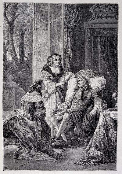 François de la Rochefoucauld (1613-1680) falando com Mademoiselle de Sevigne (Marie de Rabutin-Chantal), Marquise de Sevigne dit Madame de Sevigne (1626-1696) e Marie-Madeleine (Marie Madeleine) Pioche de La Vergne, condessa de Lafayette (Madame de la F de French School