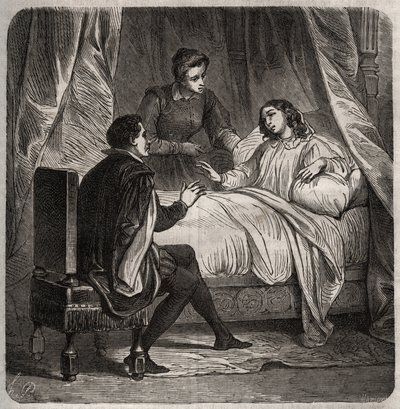 Françoise de Foix, Condessa de Chateaubriant (ca. 1495-1537), doente, recebe Clement des Marets dit Marot (1496-1544), o camareiro de François 1st, na cama. Gravura de 1871 em "Histoire Des Cocus Celebres" de Henry de Kock (1819-1892). de French School