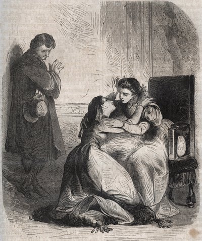 Françoise de Montmorency-Fosseux (Montmorency Fosseux) (1566-1641) pede perdão à Rainha Marguerite de Valois (1553-1615), conhecida como Rainha Margot. Ela é a amante do rei Henrique IV (1553-1610) e está a dar à luz o seu filho de forma apreensiva. de French School