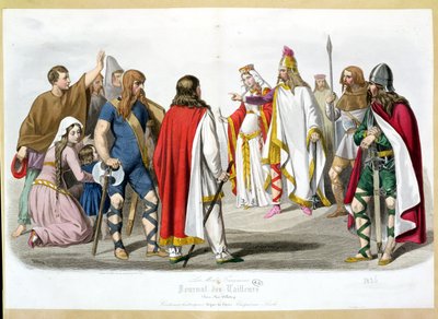 Trajes francos e merovíngios, placa de moda histórica de Les Modes Francaises - Journal of Tailors, 1836 de French School
