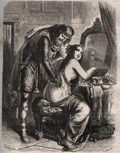 Fredegonde (545-597) leva seu marido, Rei dos Francos Chilperic I (543-597), para seu amante, Landeric. O rei descobre quando sua esposa o trai. Gravura de 1871 em "Histoire Des Cocuses Celebres" de Henry de Kock (1819-1892). de French School