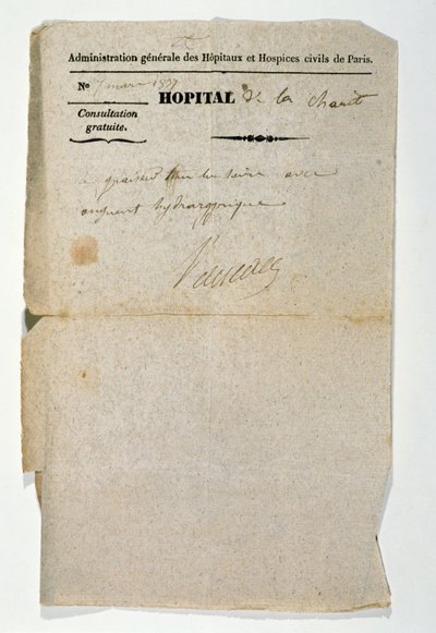 Receita livre do Hopital de la Charite, Paris, 7 de março de 1837 de French School