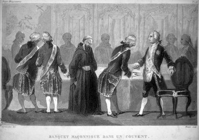 A liberdade de ação: Banquete macónico num convento. Gravura de "Picturesque Histoire de la Franc Maconnerie et des Societes Secretes antique et modernes" de F.-T. B. Clavel. Pagnerre, editor. 1843. de French School
