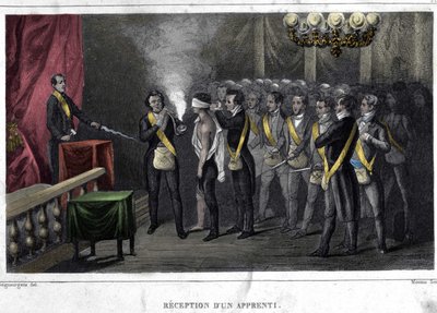 Freemaking: iniciação e recepção de um aprendiz. Gravura de "Pitoresco Histoire de la Franc Maconnerie et des Societes Secretes antique et modernes" de F.-T. B. Clavel. Pagnerre, editor. 1843. de French School