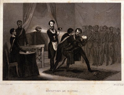 Freemaking: receção e rito de iniciação do Mestre. Gravura da "História Pitoresca da Maconaria Francesa e das Sociedades Secretas antigas e modernas" de F.-T. B. Clavel. Pagnerre, editor. 1843. de French School