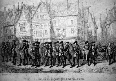 Maçonaria: Funeral maçónico de Warren Hastings (1732-1818), administrador colonial britânico. Gravura de "Pitoresco Histoire de la Franc Maconnerie et des Societes Secretes antique et modernes" de F.-T. B. Clavel. Pagnerre, editor. 1843. de French School