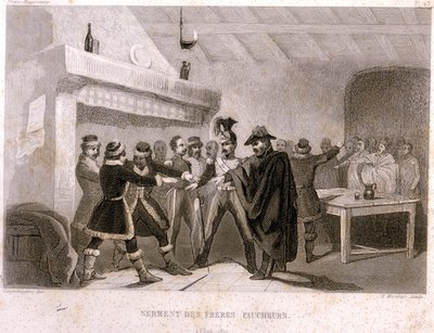 Maçonaria: o juramento dos irmãos colhedores em Potok em 1821. Gravura do "Pitoresco Histoire de la Franc Maconnerie et des Societes Secretes antique et modernes" de F.-T. B. Clavel. Pagnerre, editor. 1843. de French School