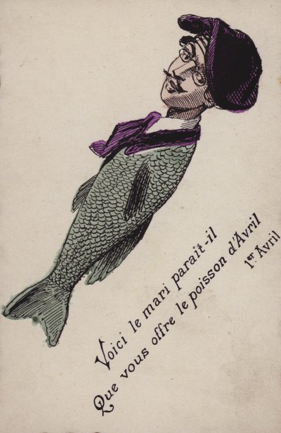 Cartão do Dia da Mentira francês (litografia a cores) de French School
