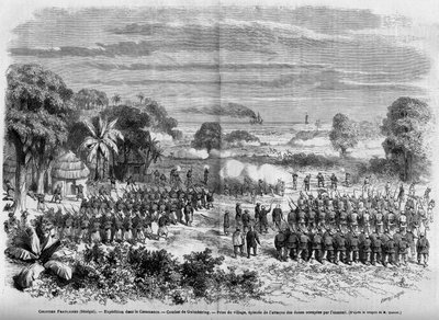 Colônias Francesas (Senegal) 1865: Expedição em Casamança. Batalha de Guimbering, Captura da aldeia, episódio do ataque às dunas ocupadas pelo inimigo. de French School