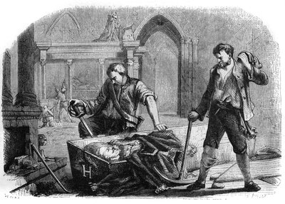 Revolução Francesa (Convenção): abertura do caixão do rei Henrique IV (1553-1610) durante a profanação dos túmulos reais da igreja de Saint Denis, em 1793. Gravura a partir de 1860. de French School
