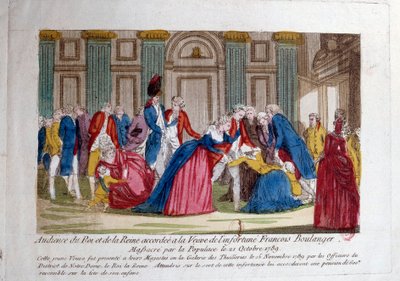 Revolução Francesa: "Audiência de Luís XVI e Maria Antonieta em 15/11/1789 concedida à viúva de François Boulanger massacrada pela população em 21/10/1789" Gravura do século XVIII. Paris, Biblioteca do Arsenal de French School