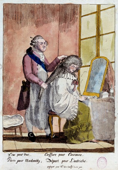 Revolução Francesa: Cartoon sobre a fuga da família real para Varenne em 20 e 21/06/1791: O Rei Luís XVI, ao estilo da Rainha Maria Antonieta, deveria partir com o passaporte falso de governanta dos filhos da Baronesa de Korff. Cor anónima de French School