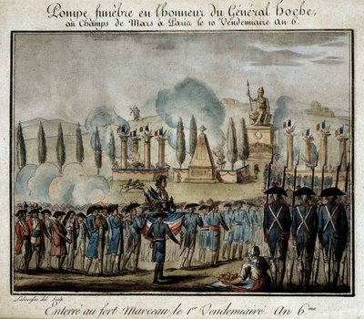 Revolução Francesa: "Cerimónia da bomba funerária em honra do General Lazare Hoche (1768-1797) nos Champs de Mars em Paris no dia 10 do ano 6 de sexta-feira" Gravação de 1797. Versailles, Museu Lambinet de French School