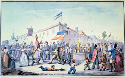 Revolução Francesa: "Formada a Mascarada do povo veste-se com roupas sacerdotais". Aquarela anónima. 1793. Paris, Biblioteca do L