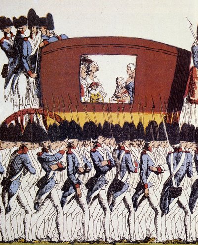 Revolução Francesa: Regresso da Família Real a Paris a 25 de Junho de 1791 após a detenção em Varennes a 20 e 21 de Junho de 1791. Eau-forte coloriee anônimo 1791 Sol. 23.2x34.6 Paris, Musee Carnavalet. de French School