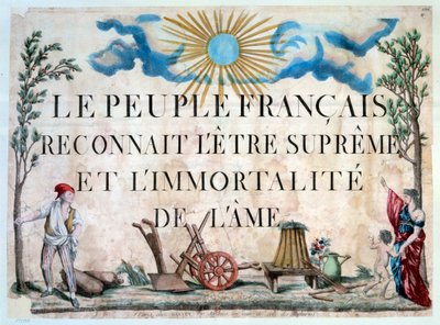 Revolução Francesa: "O povo francês reconhece o ser supremo e o imortalite da alma." Un sans-panlotte, un arbre de la Liberte, des outils agricoles. 1794. Paris. Biblioteca do Arsenal. de French School