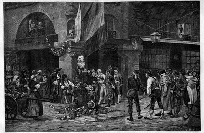 Revolução Francesa: "O busto de Marat no pilar dos Halles". Em homenagem a Jean Paul Marat (1743-1793), o seu busto foi colocado após a sua morte nos Halles de Paris. Gravura após um quadro de Georges Jules Auguste Cain (1856-1919) em "The Il de French School