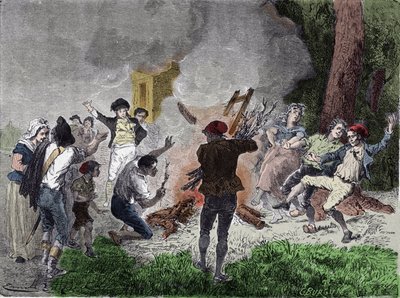 Revolução Francesa: "O povo queimou o telégrafo de Claude Chappe, no parque de Saint-Fargeau em Menilamount, em Setembro de 1792, acreditando que era um dispositivo destinado a comunicar com a família real fechada na prisão do Templo" "Gravura de French School