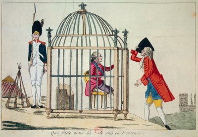 Revolução Francesa: "Que fazeis, estou em penitência" O Rei Luís XVI (1754-1793) representa numa jaula na véspera do seu voo para Varennes em Junho de 1791. Gravura satírica de Paris, Biblioteca do Arsenal de French School