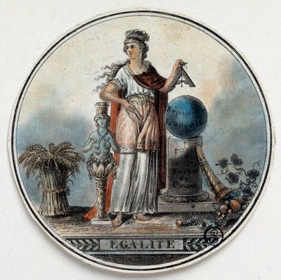 Revolução Francesa: alegoria de Egalite como uma mulher segurando uma praça perto da república francesa, um corno de abundância. Final do século XVIII Paris, B.N. de French School