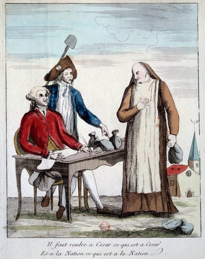 Revolução Francesa: representação caricatural de um membro do clero obrigado a devolver os bens da igreja. "Devemos devolver a César o que é a César e à Nação o que é à Nação" Gravura de 1790 Paris, Bibliotheque de l